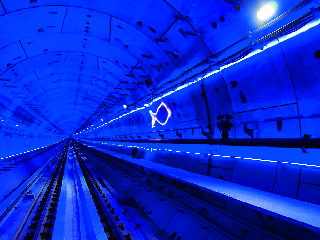 Metro tunnel under Hooghly illuminated with lights & fish images