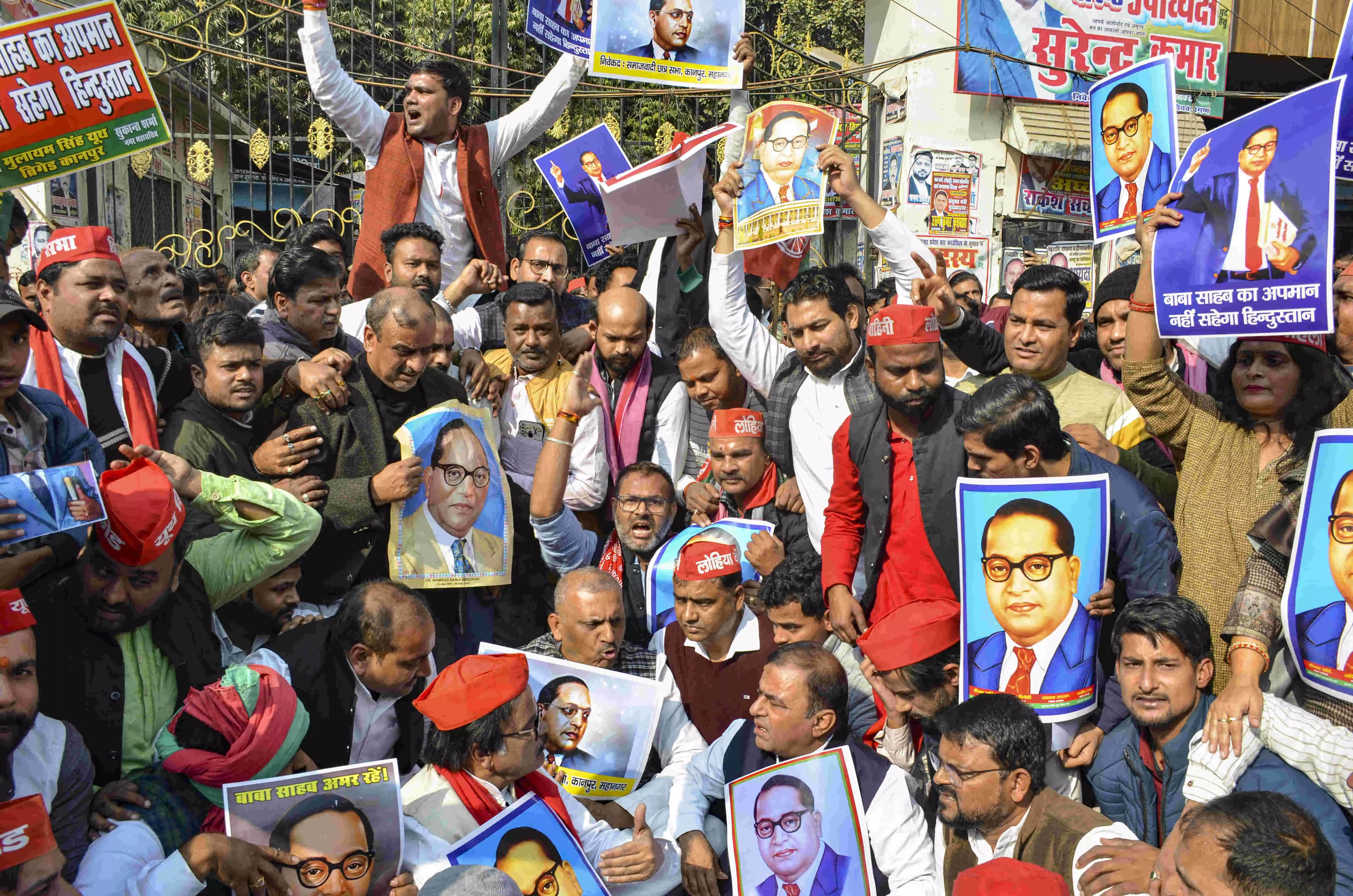 SP stages protests across UP over Shahs Ambedkar comment, seeks his apology, resignation