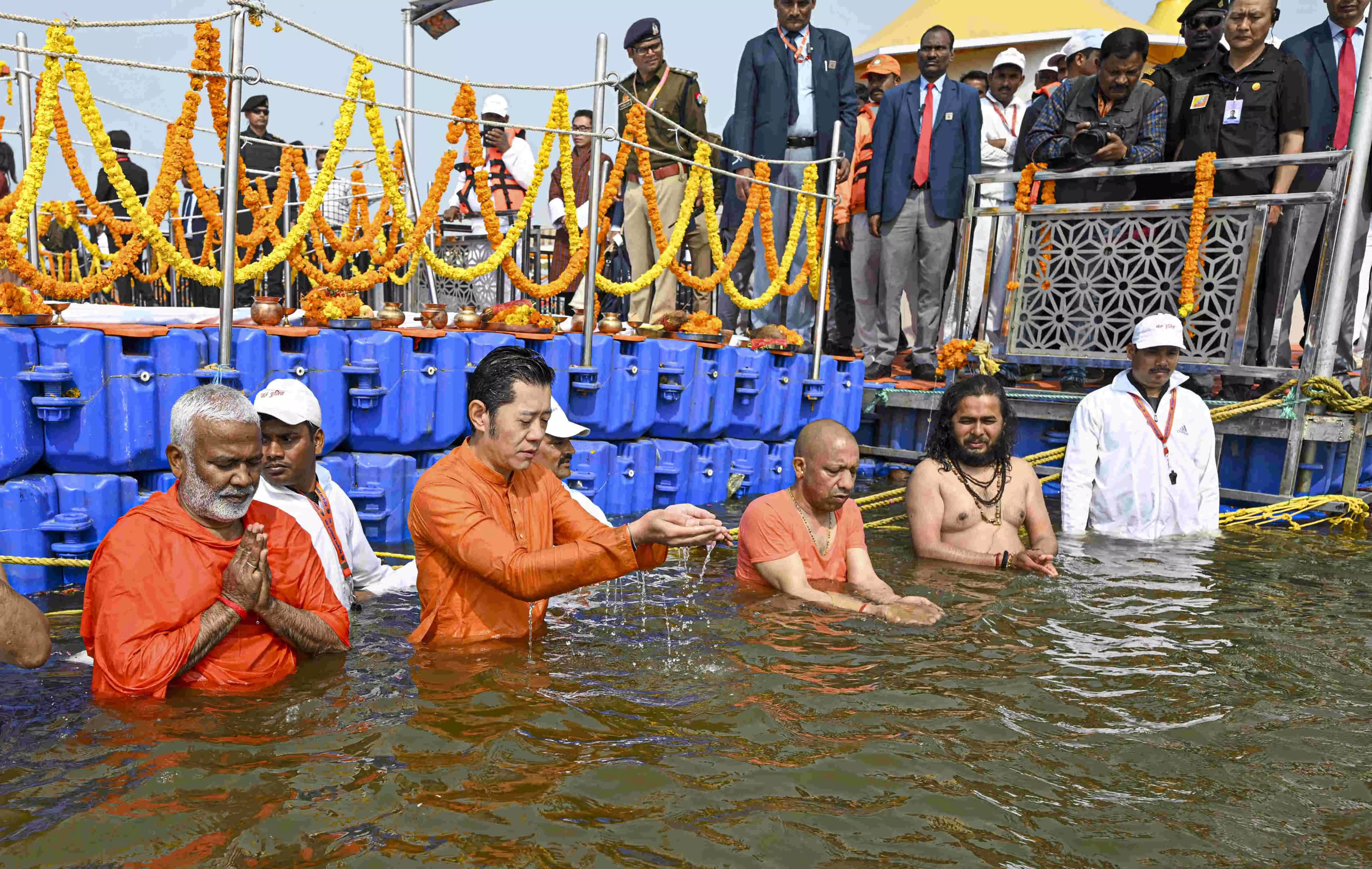 Bhutan King takes holy dip at Maha Kumbh with UP CM Yogi Adityanath